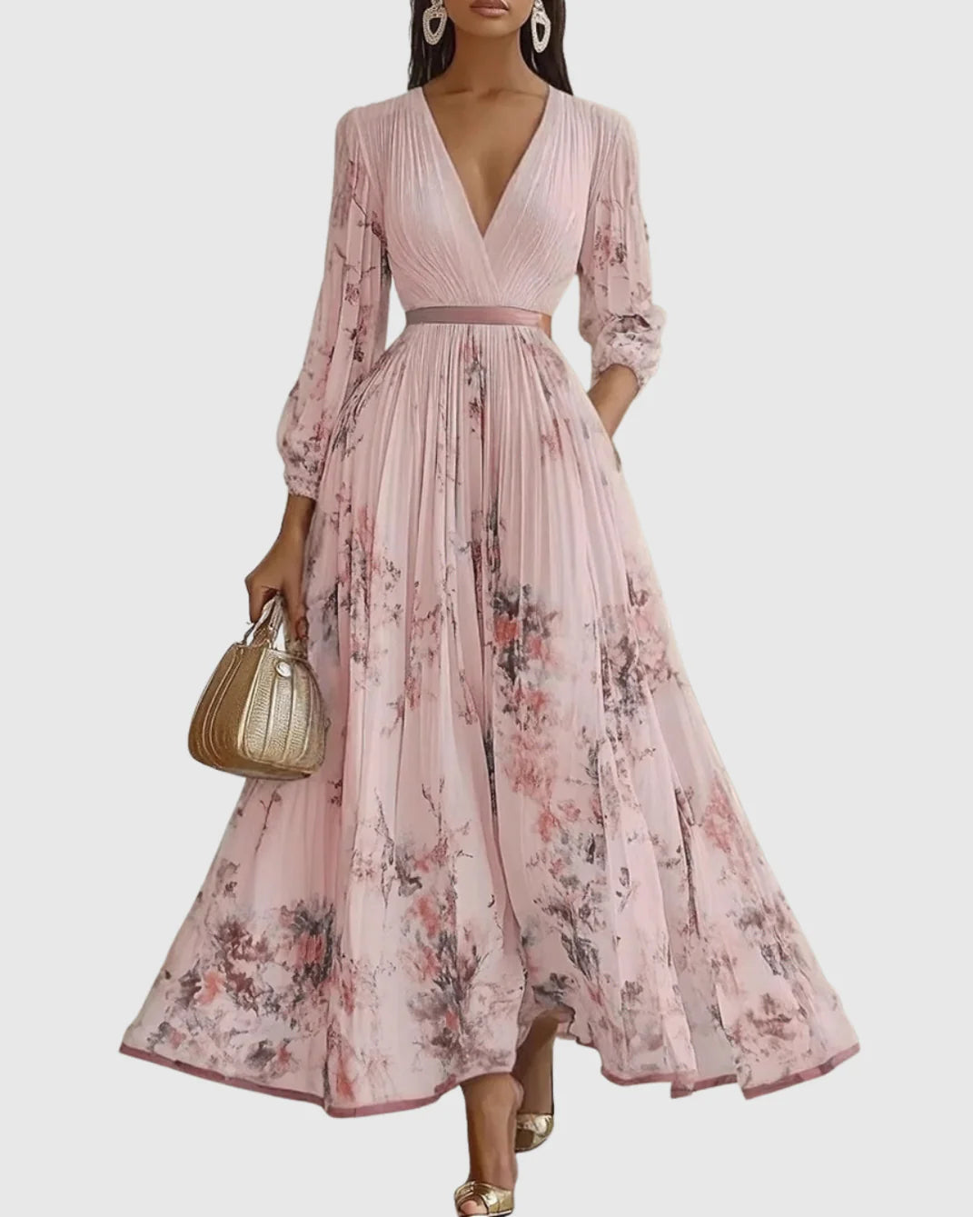 Women’s Floral A-Line Midi Dress | Pleated V-Neck