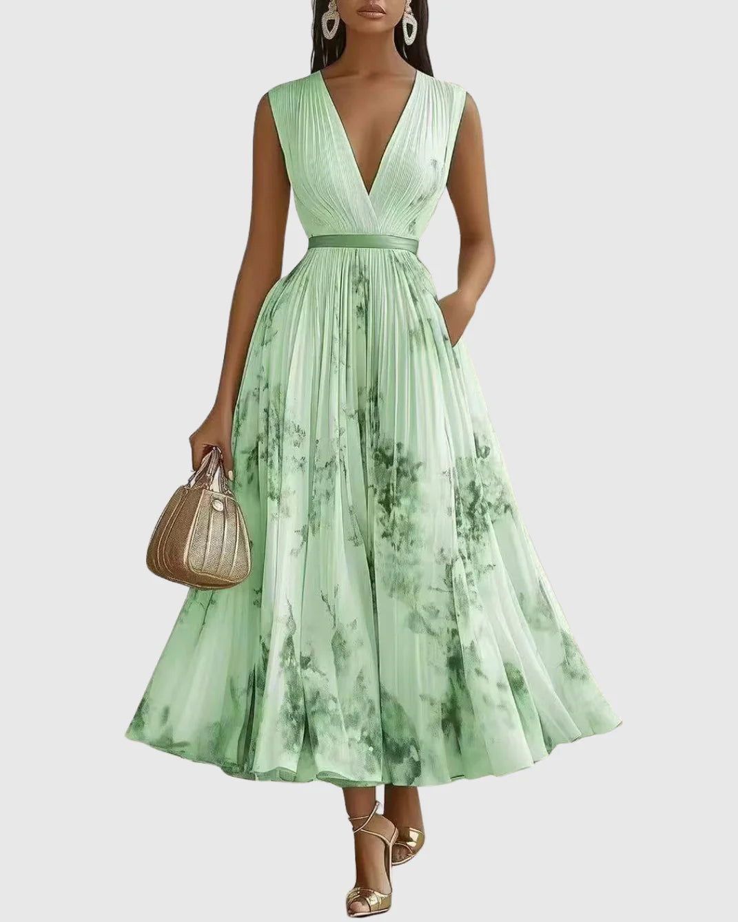 Women’s Floral A-Line Midi Dress | Pleated V-Neck
