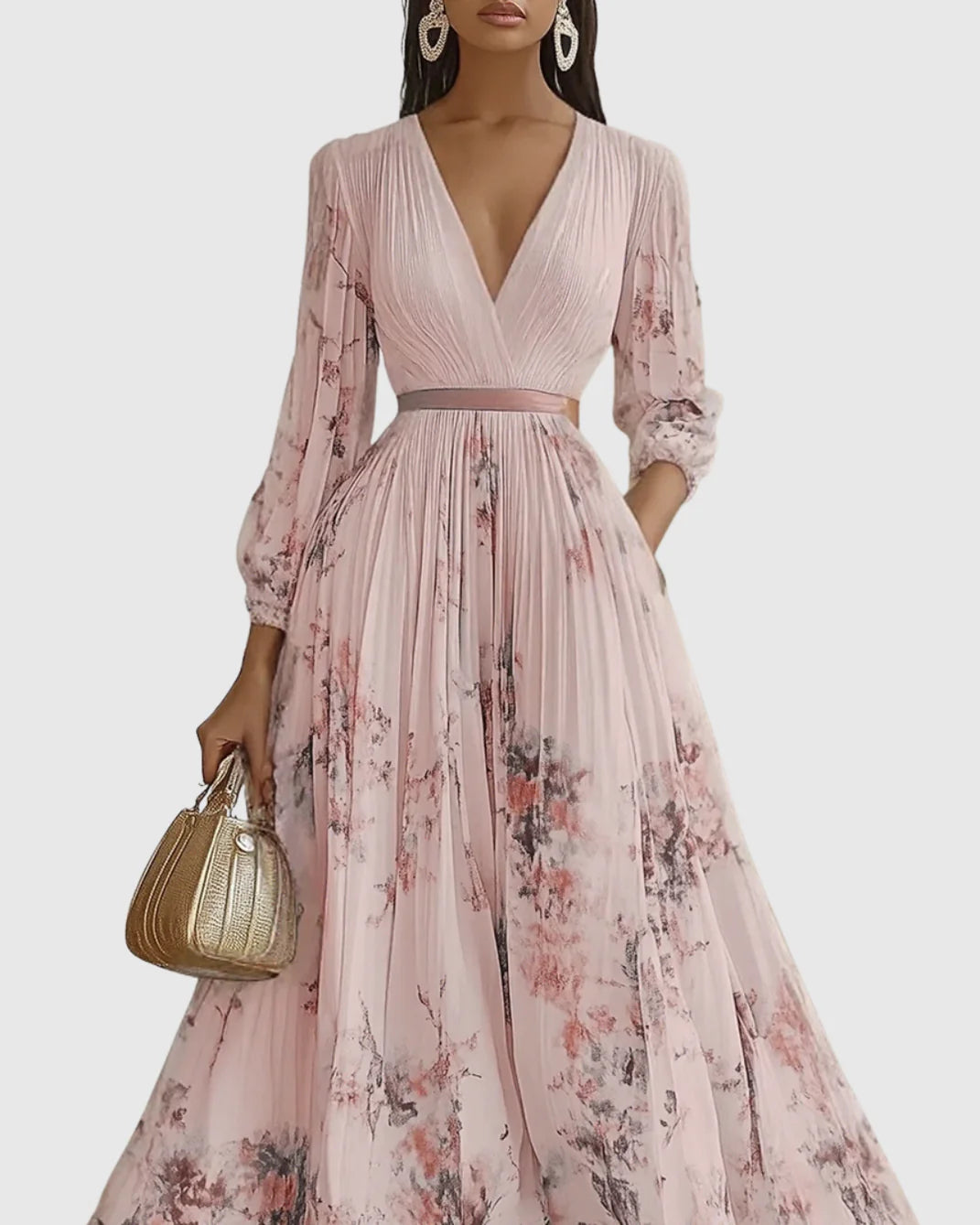 Women’s Floral A-Line Midi Dress | Pleated V-Neck