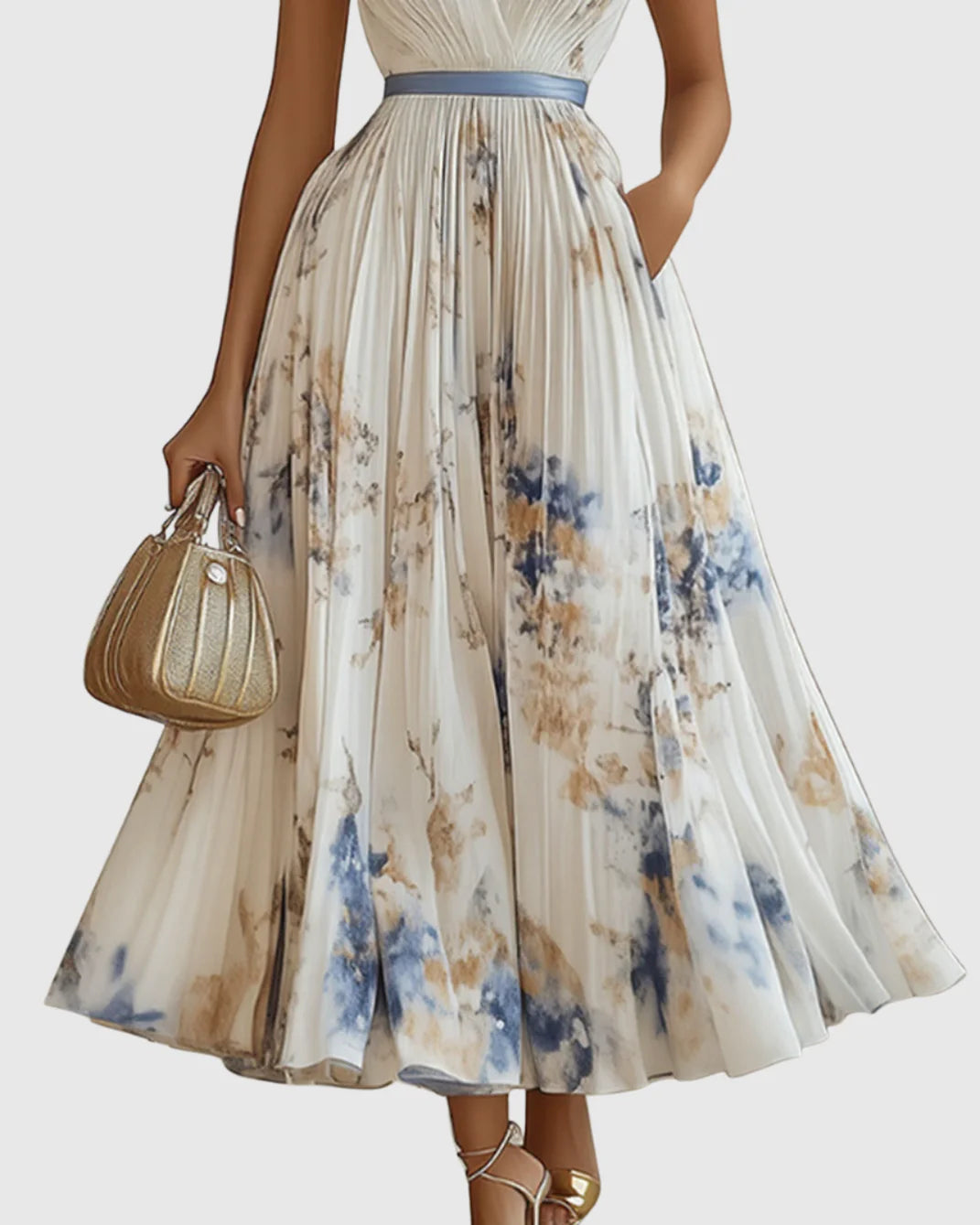 Women’s Floral A-Line Midi Dress | Pleated V-Neck