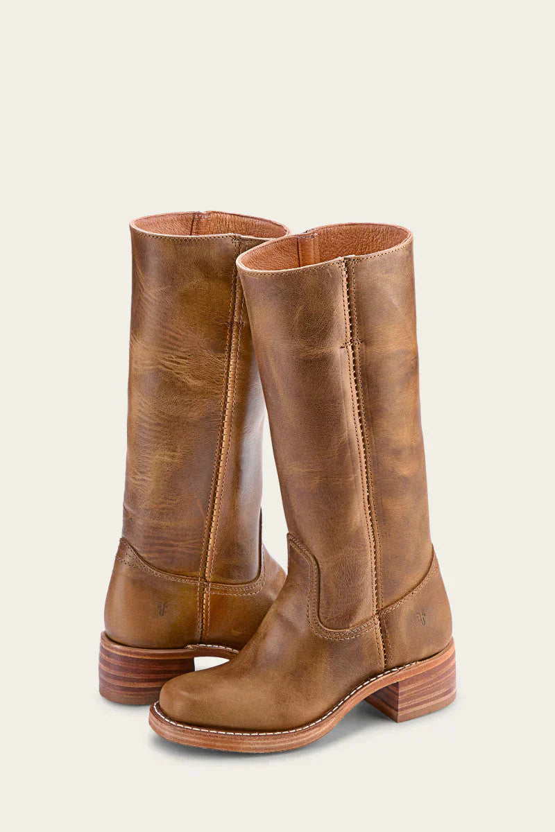 Women's mid-calf boots with round toes, block heels and stitched panels