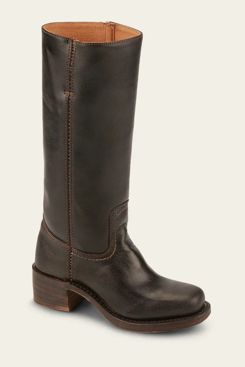 Women's mid-calf boots with round toes, block heels and stitched panels
