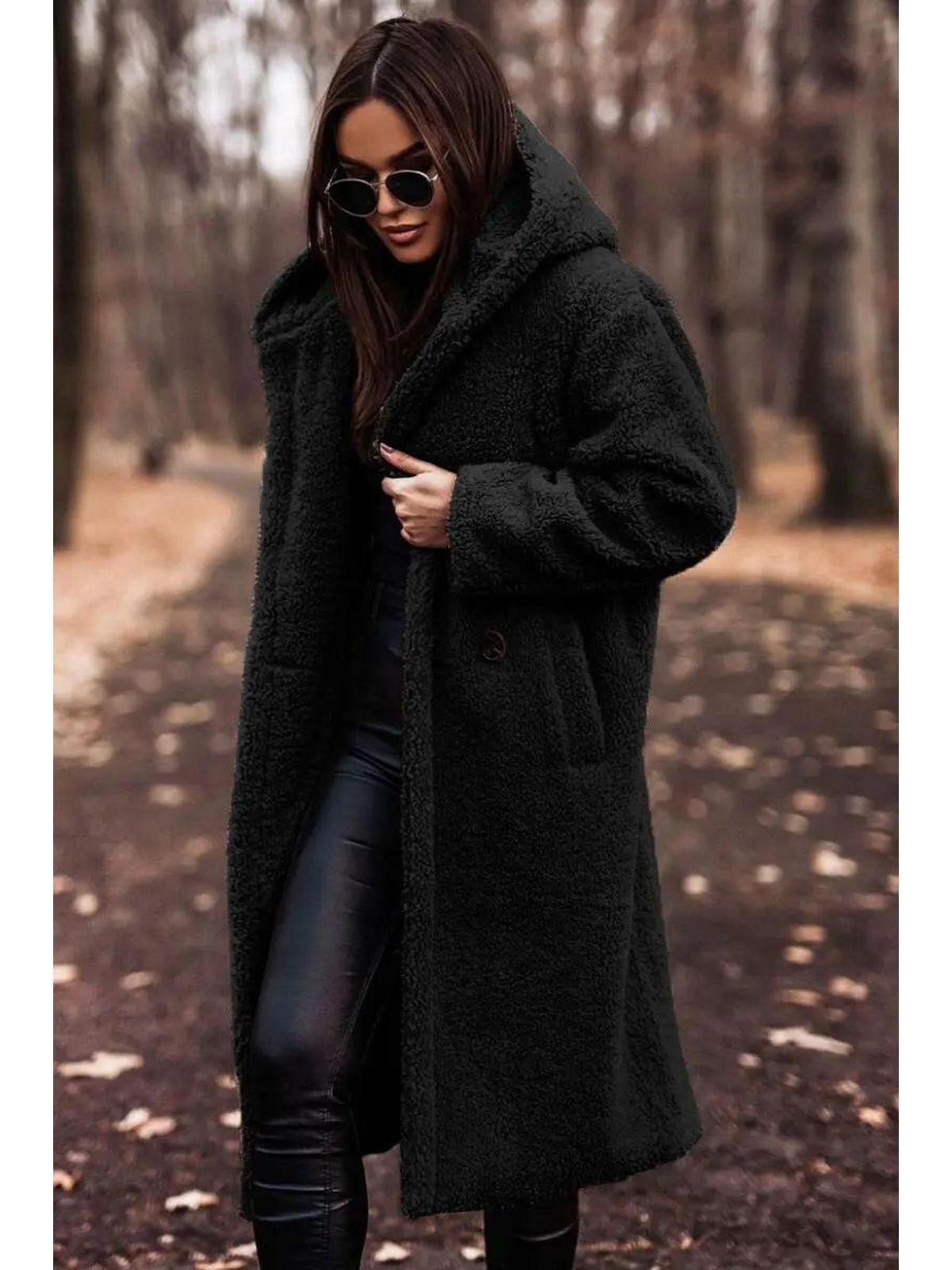 Women's longline hooded teddy coat with long sleeves and front pockets