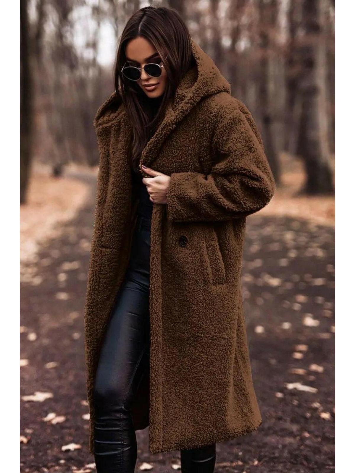 Women's longline hooded teddy coat with long sleeves and front pockets
