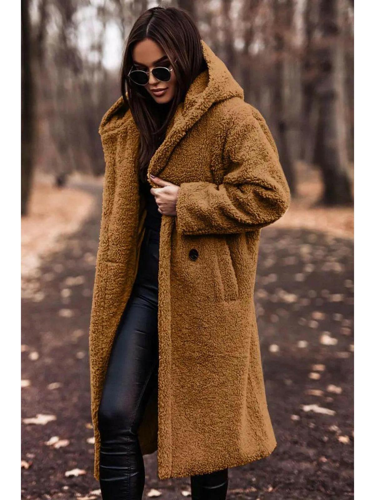 Women's longline hooded teddy coat with long sleeves and front pockets