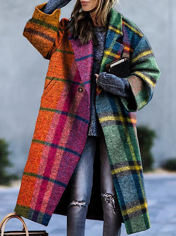 Women's multicolour checked plaid long coat with lapel collar and three-quarter sleeves
