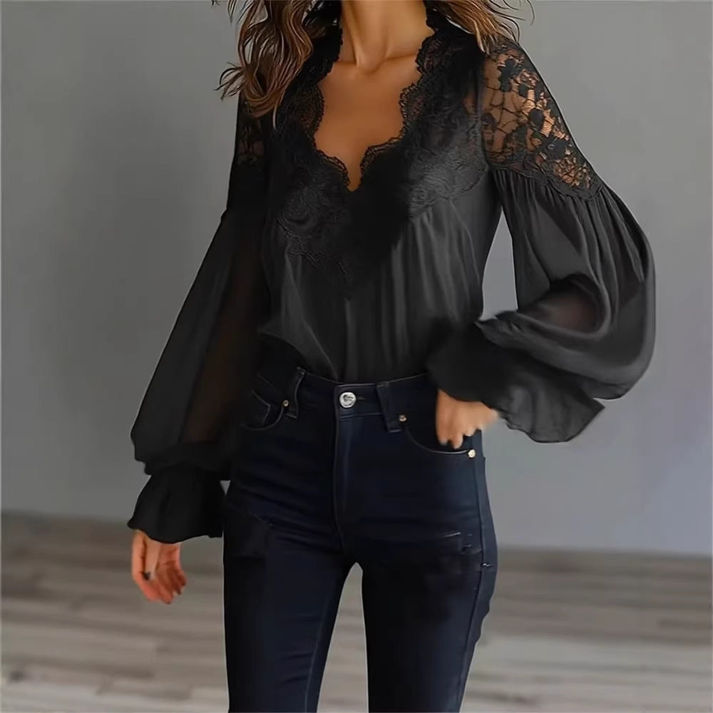 Women’s Lace Ruffle Blouse | Puff Sleeve V-Neck Top