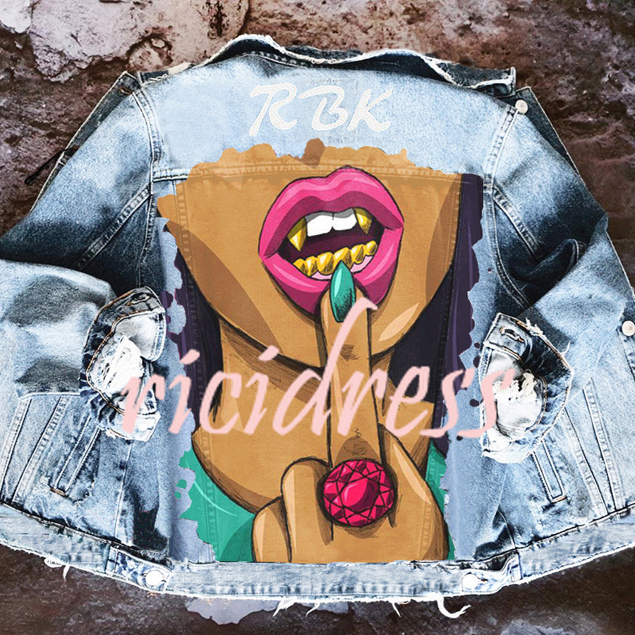Unisex graphic denim jacket with illustrated back artwork and long sleeves