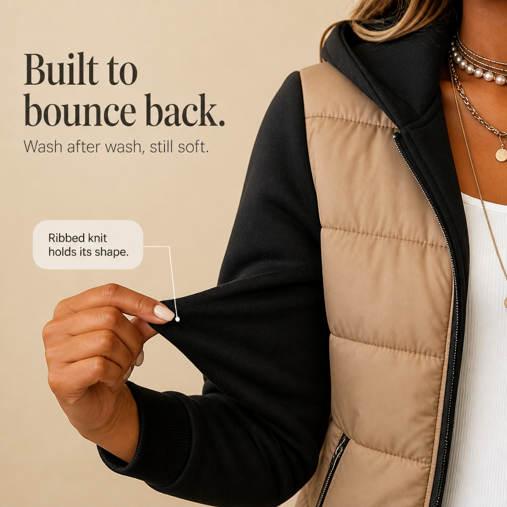 Women's hip-length quilted puffer jacket with hood and long knit sleeves