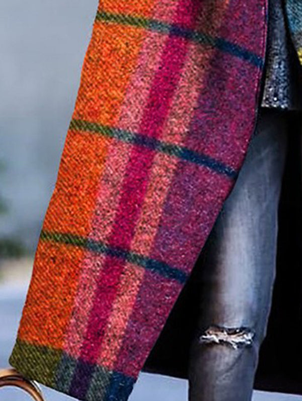 Women's multicolour checked plaid long coat with lapel collar and three-quarter sleeves