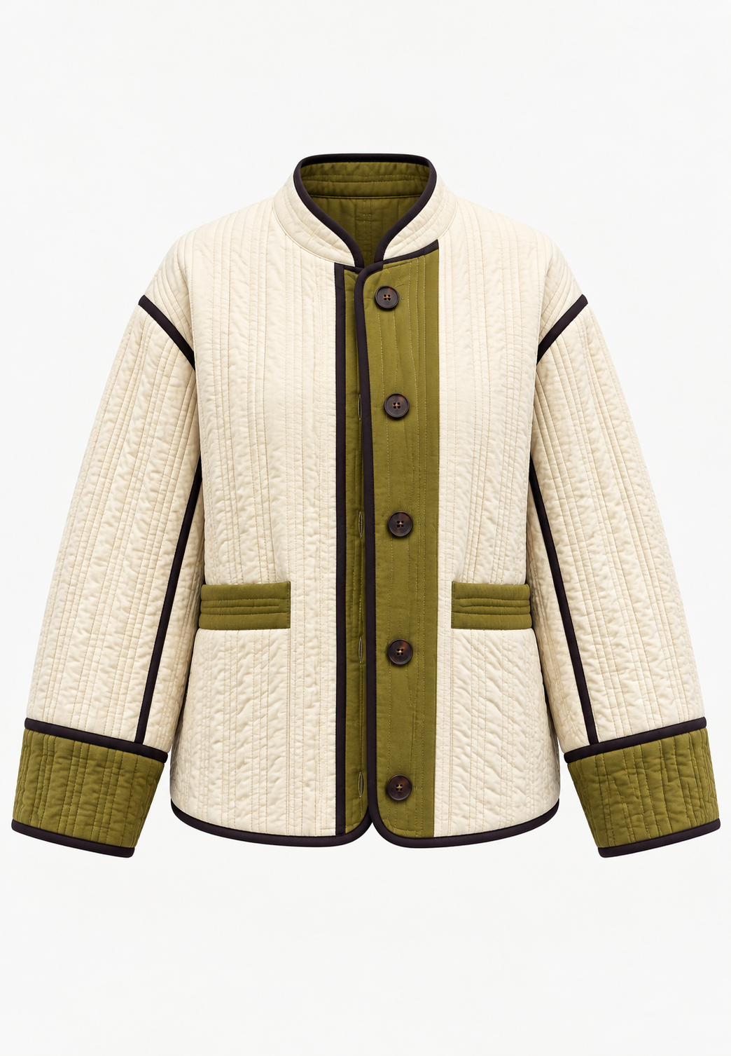 Women's cream and green vertically quilted jacket with contrast trim and button front