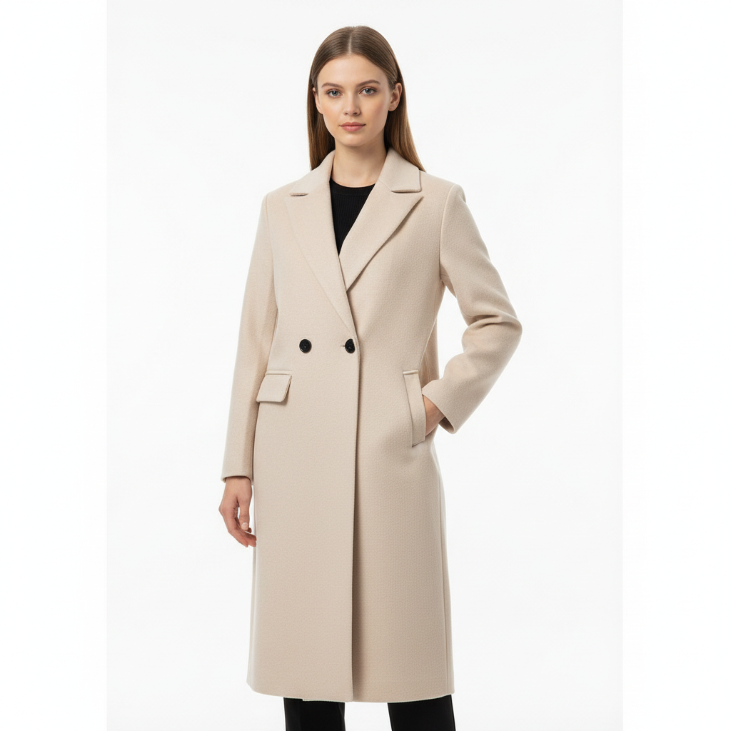 Women's longline double-breasted coat with lapels and flap pockets