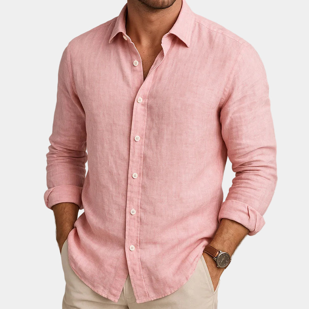 Men's long-sleeve button-up shirt with pointed collar and curved hem