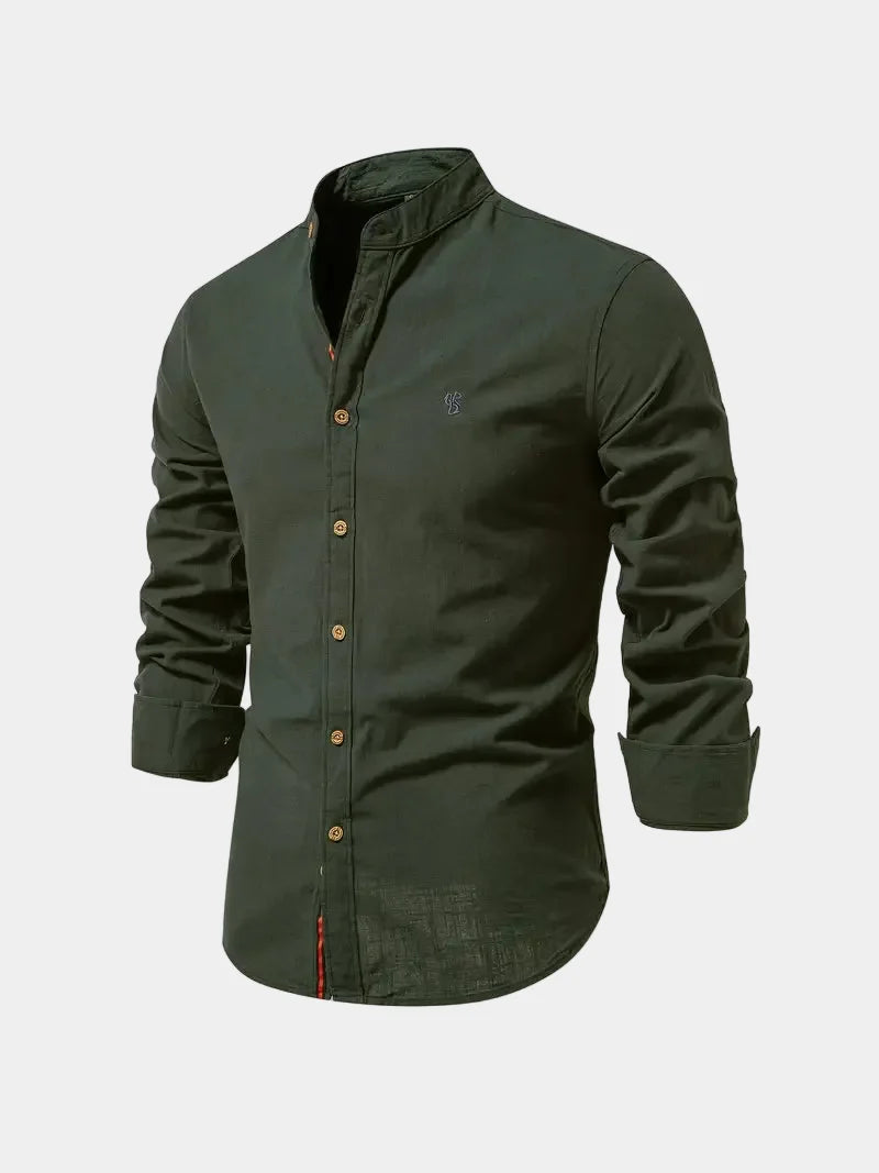Men's long-sleeve Mandarin collar button shirt with curved hem