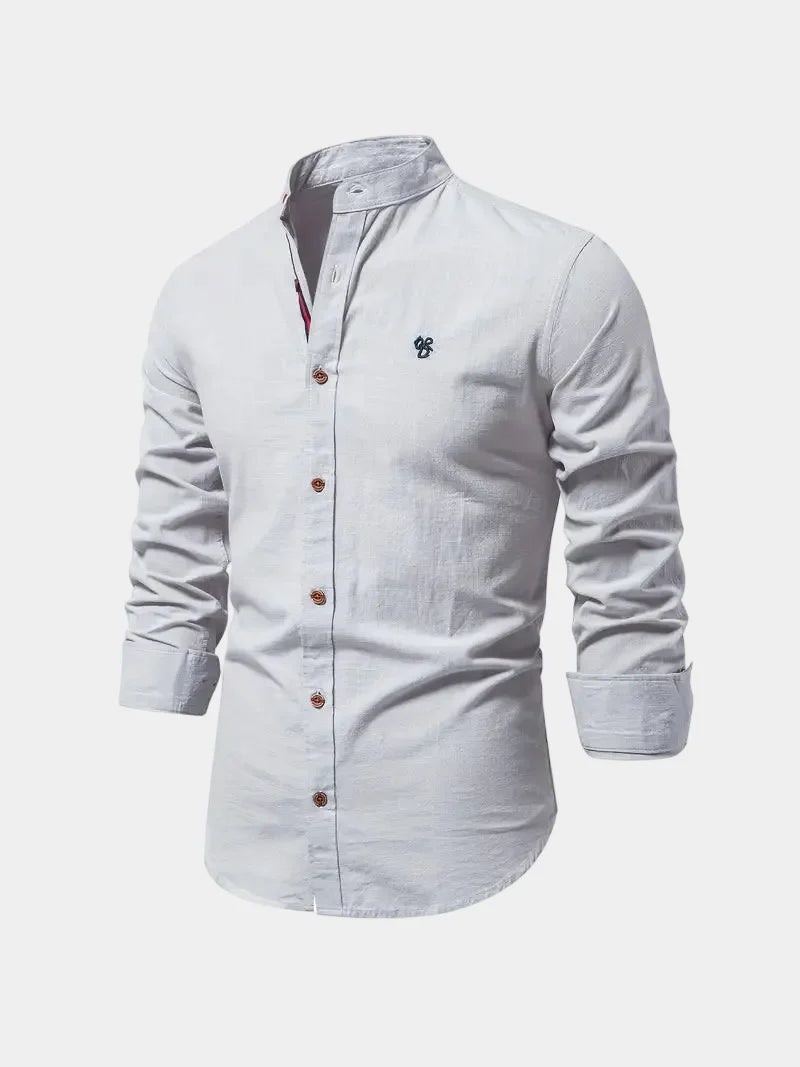 Men's long-sleeve Mandarin collar button shirt with curved hem