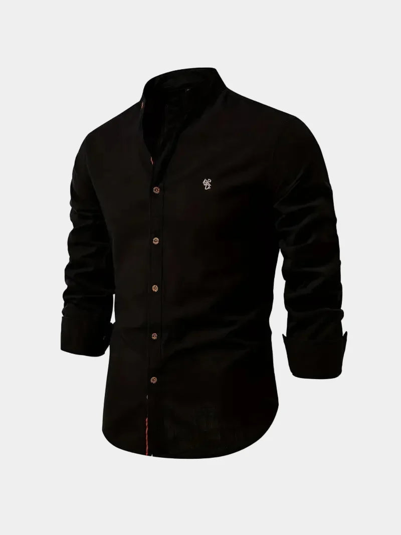 Men's long-sleeve Mandarin collar button shirt with curved hem