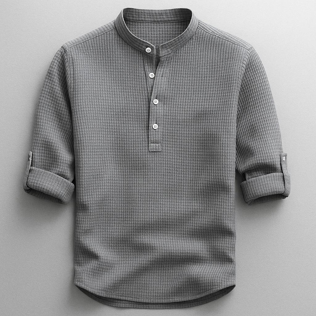 Men's mandarin collar shirt with button placket and rolled sleeves