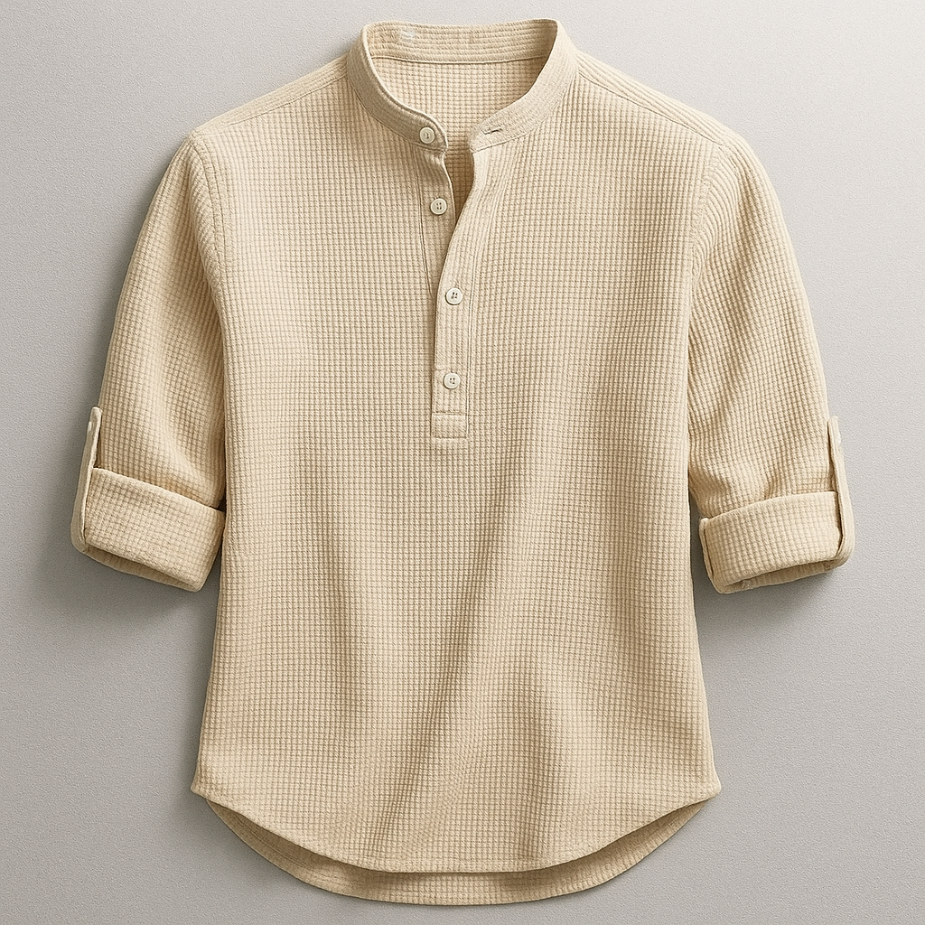 Men's mandarin collar shirt with button placket and rolled sleeves