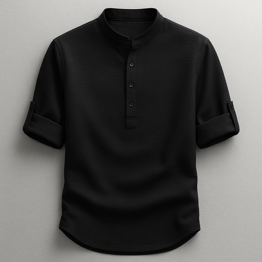 Men's mandarin collar shirt with button placket and rolled sleeves