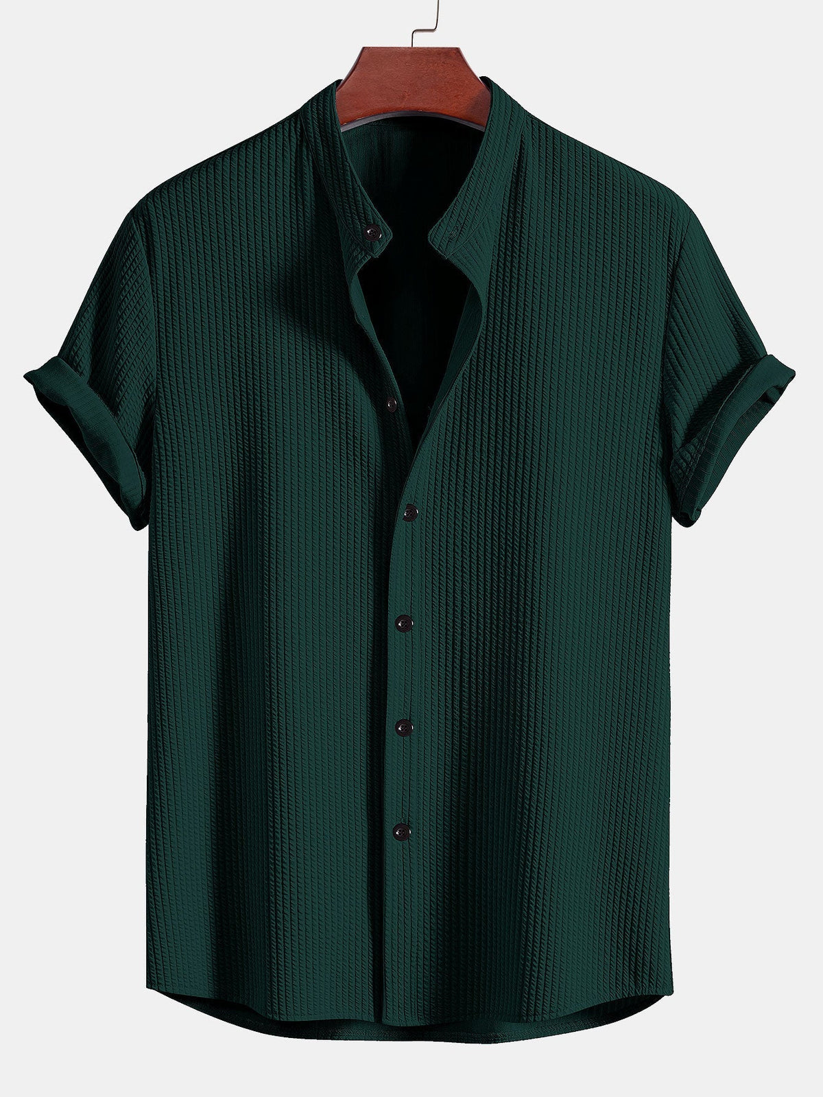 Men's textured short-sleeve shirt with mandarin collar and button front