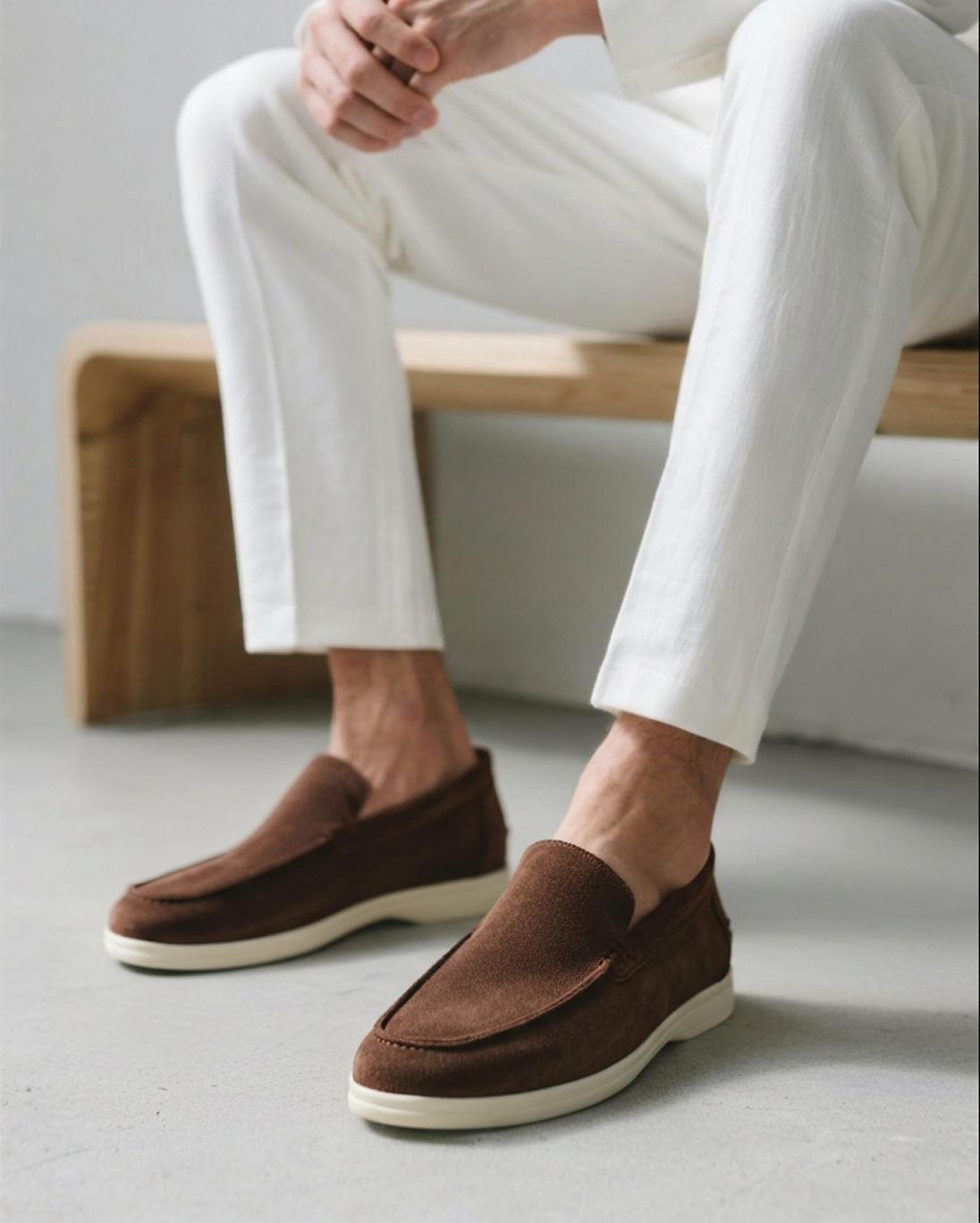 Men's Suede Loafers Slip-On Contrast Sole - Dark Brown