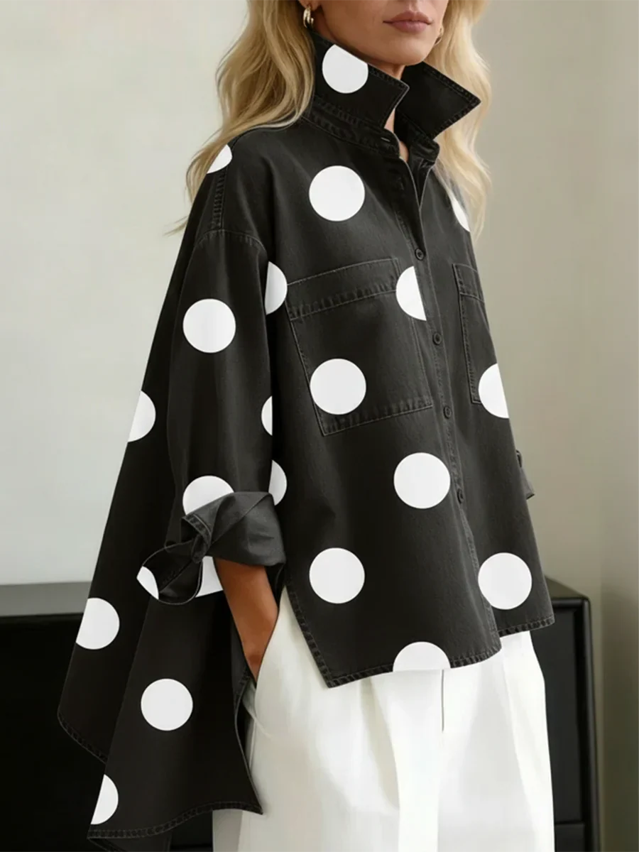 Women's polka dot button-up shirt with Mandarin collar, long sleeves and chest pockets