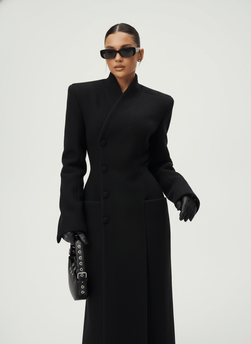 Women's black tailored maxi coat with high collar and button front