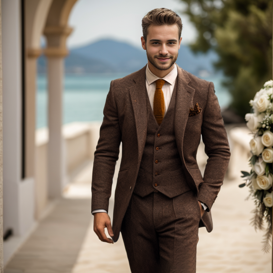 Men's three-piece textured suit with notch lapels, waistcoat and matching trousers