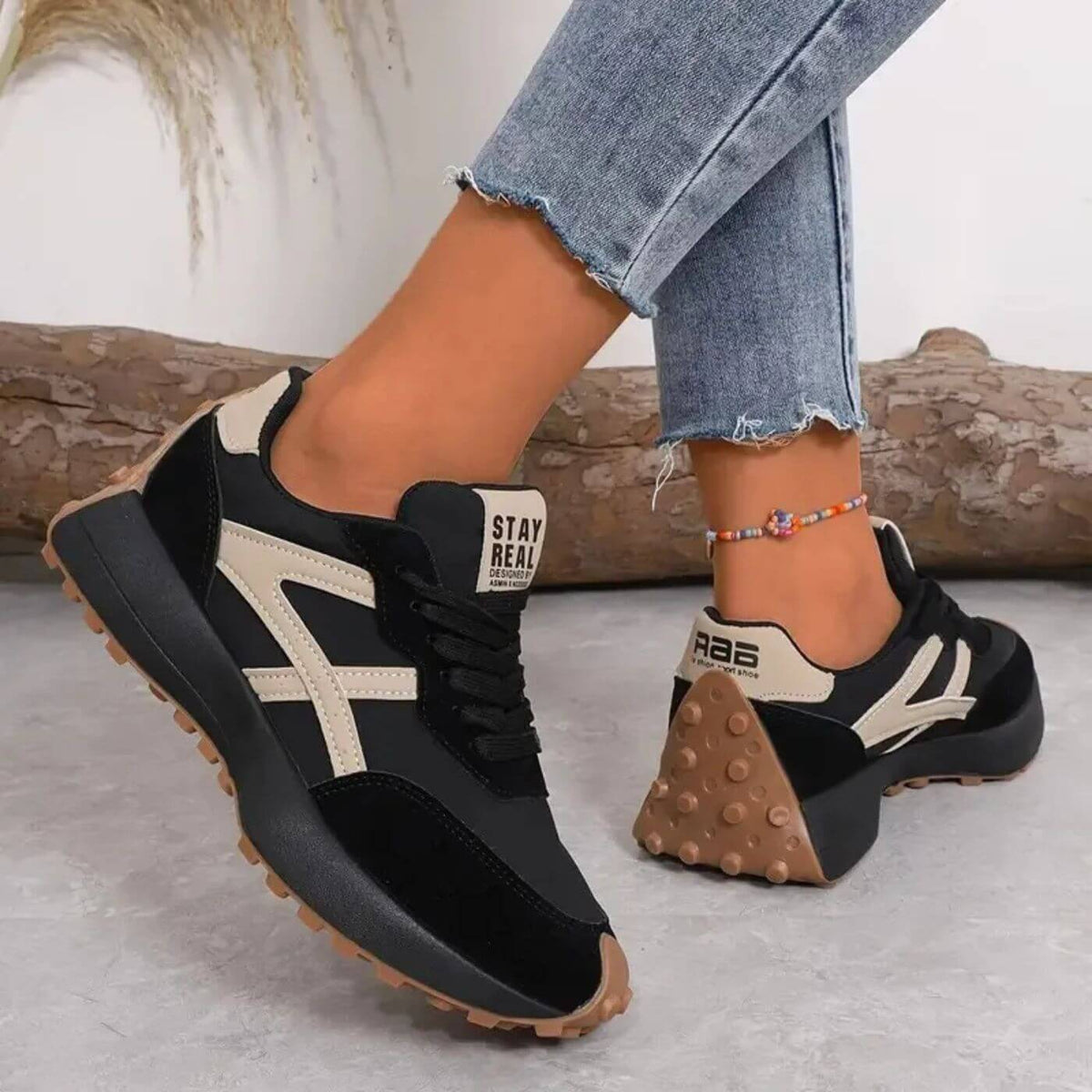 Women's Trainers Lace-Up Chunky Sole Colour-Block - Black - Beige