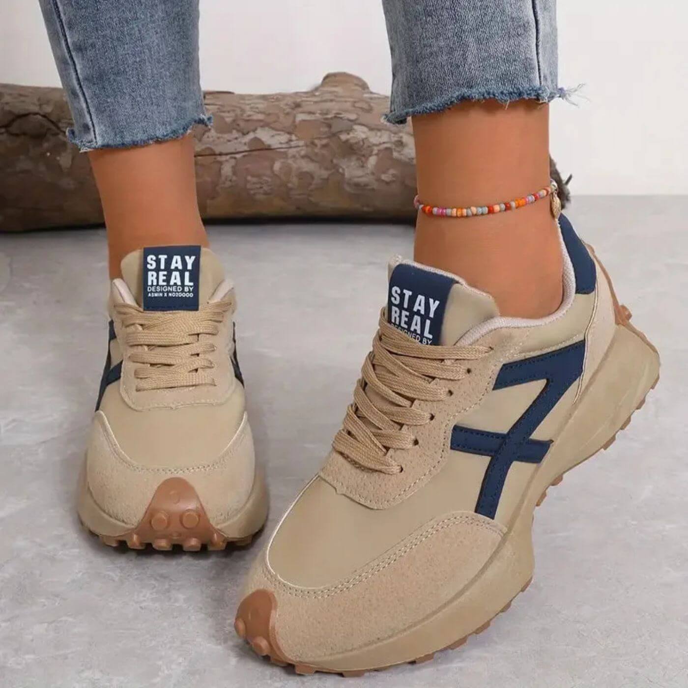 Women's Trainers Lace-Up Chunky Sole Colour-Block - Beige