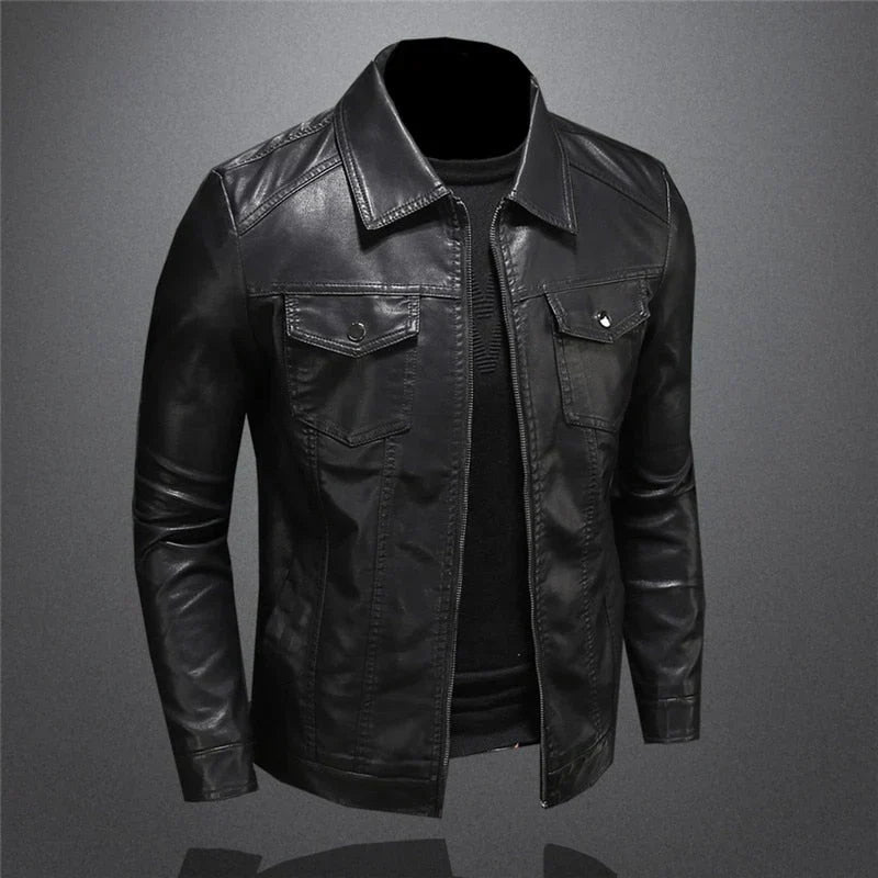 Men's black jacket with pointed collar, zip front and flap chest pockets