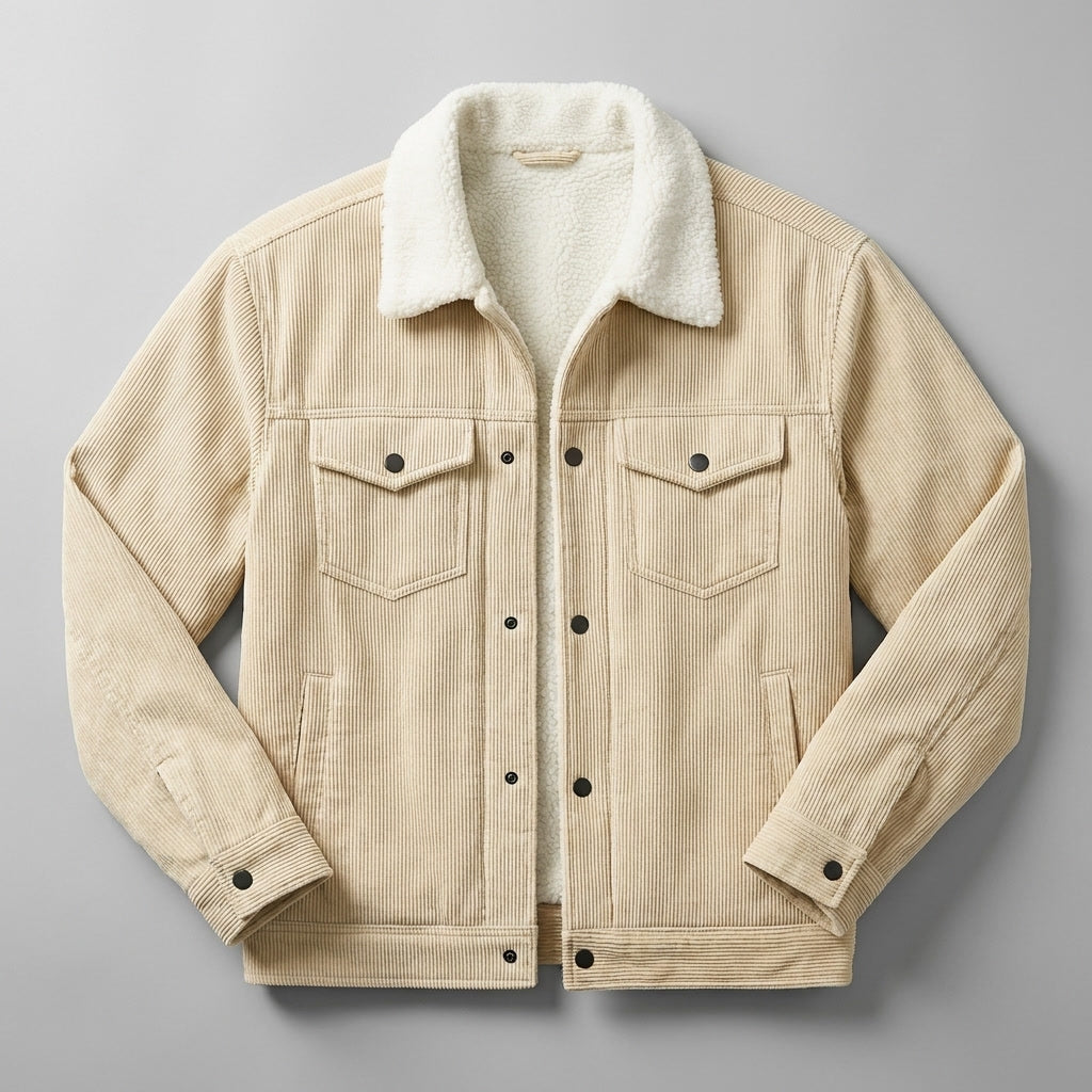 Men's corduroy jacket with contrasting sherpa-style collar, button front and multiple pockets