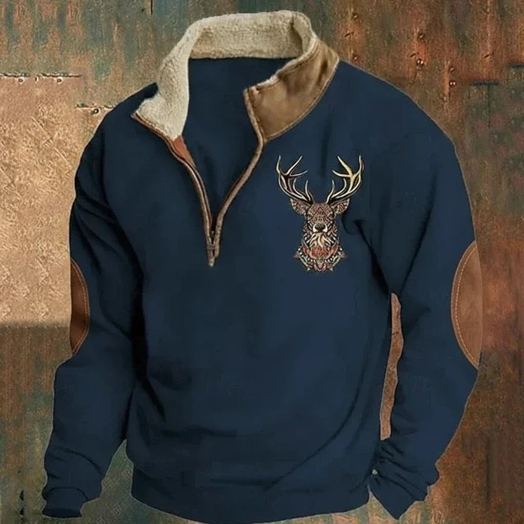 Men's quarter-zip pullover with deer embroidery, mock collar and elbow patches