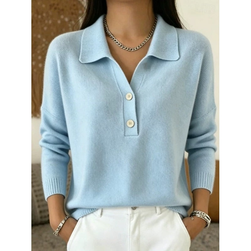 Women's collared button pullover sweater with long sleeves and ribbed trims