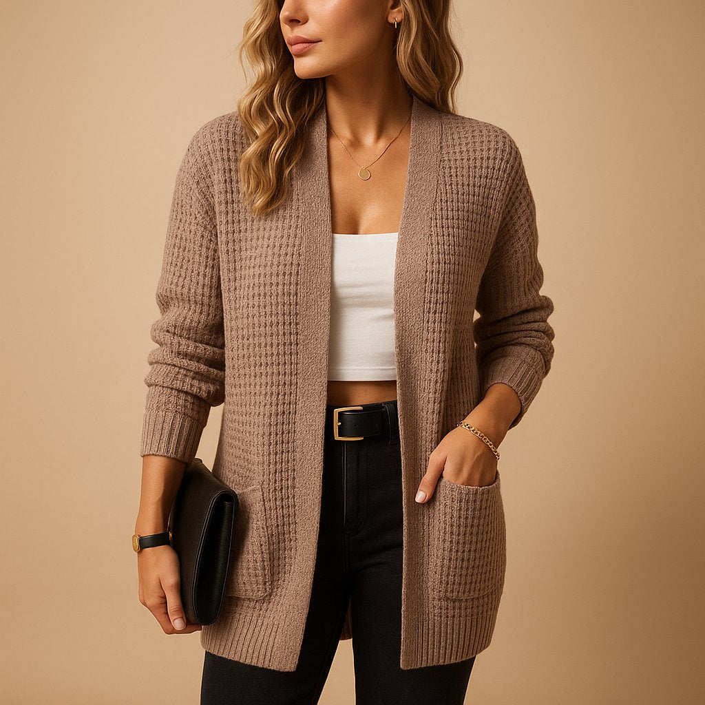Women's long ribbed cardigan with open front, long sleeves and front patch pockets