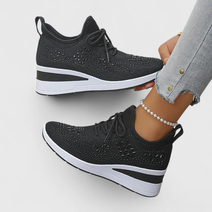 Women's Sneakers Rhinestone Embellished Wedge Lace-Up - Black