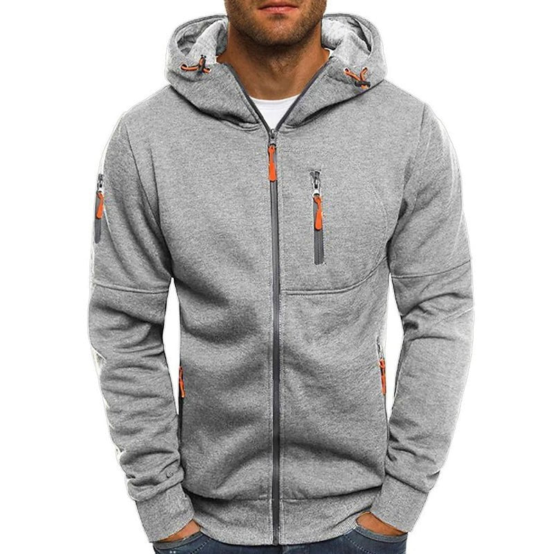 Men's hooded zip-up jacket with multiple zipped pockets and long sleeves