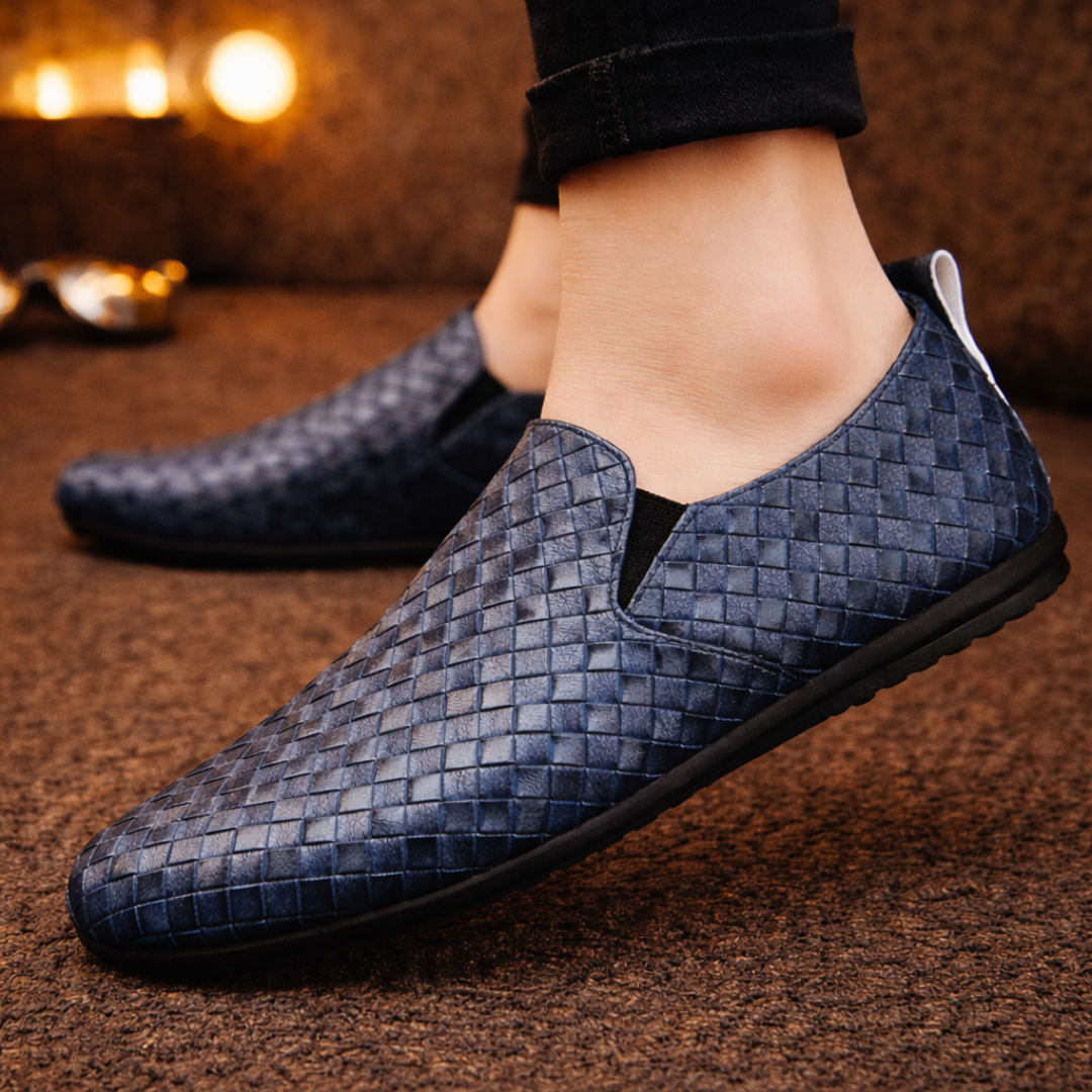 Men's woven slip-on loafers with rounded toes and flat soles