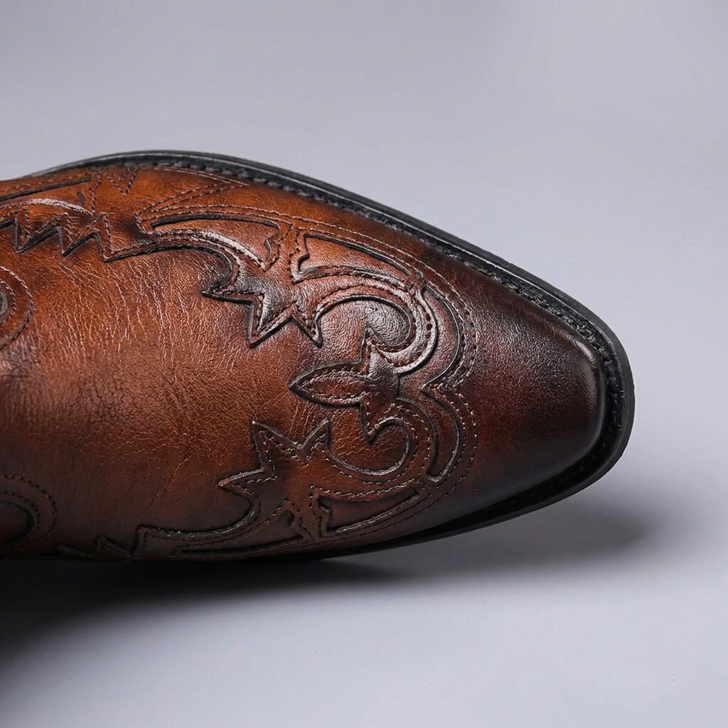 Men's pointed toe cowboy boots with decorative stitched detailing