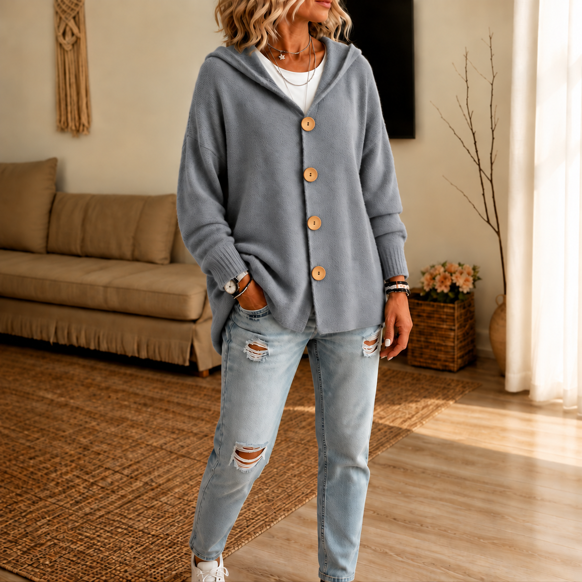 Women's hooded waffle-knit cardigan with button front and ribbed cuffs