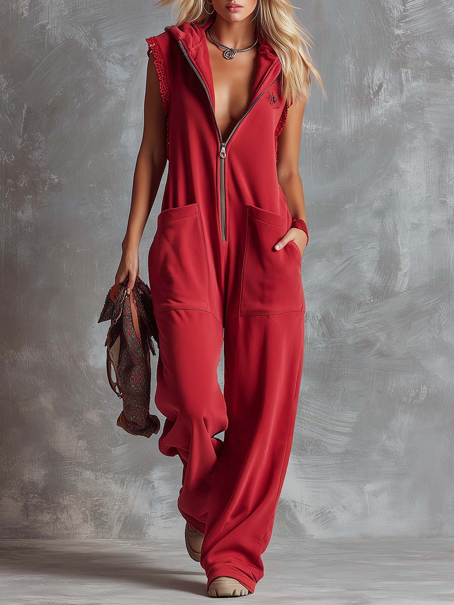 Women's Zip Jumpsuit Hooded Sleeveless Relaxed Fit Utility