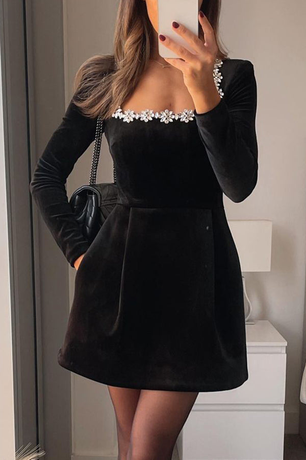 Women's velvet mini dress with square neckline, long sleeves and floral jewel trim