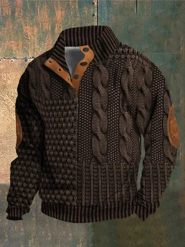 Men's textured cable knit jumper with mock neck, button placket and contrasting elbow patches