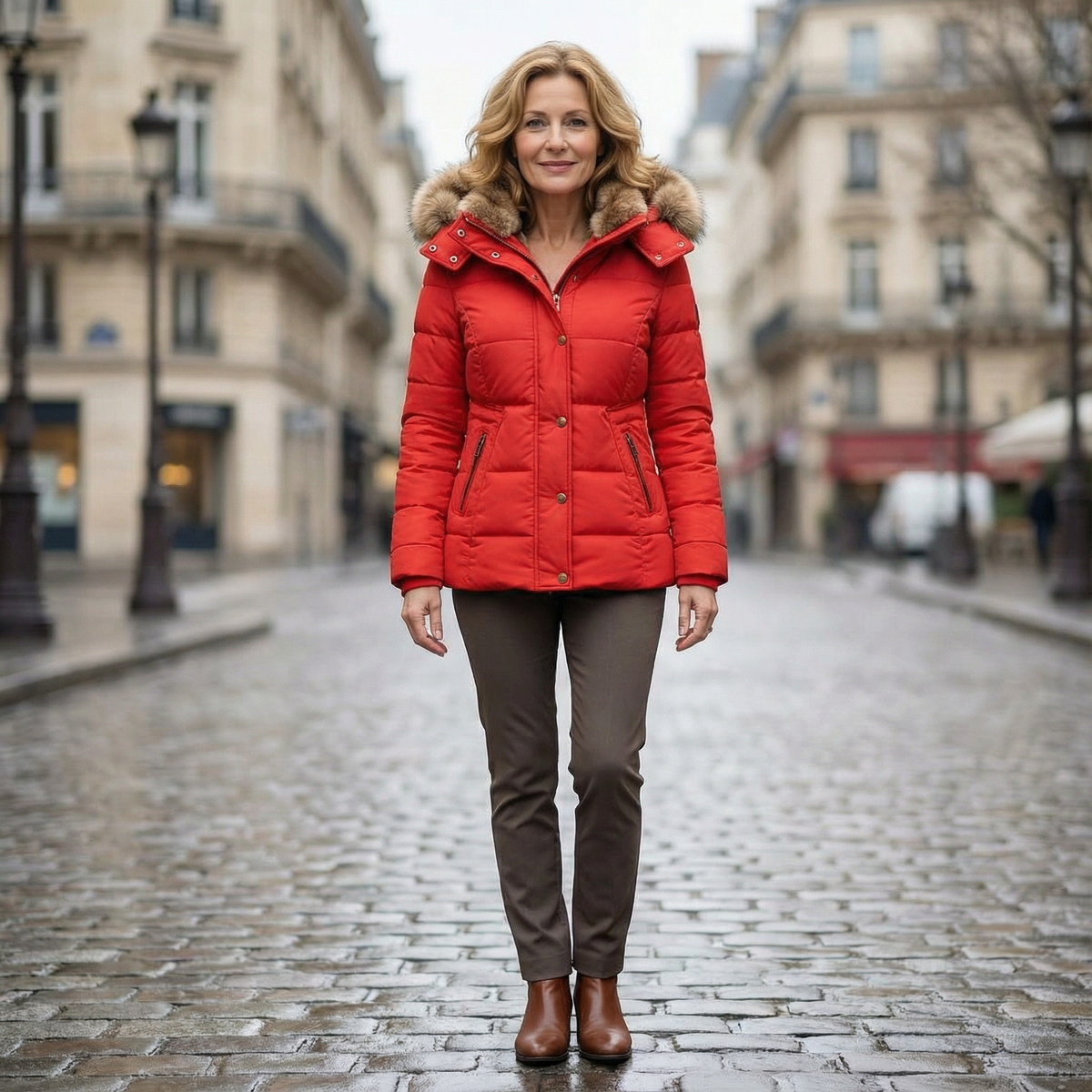 Women's quilted hooded winter jacket with fur trim and zip front