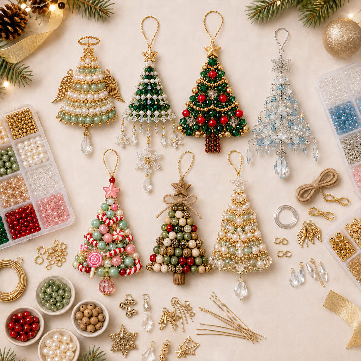 DIY beaded Christmas ornament kits with layered tree and snowflake designs, beads, wire and instructions