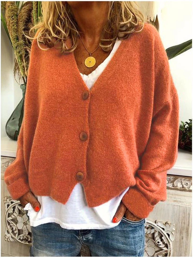 Women's V-neck button cardigan with long sleeves and ribbed trims