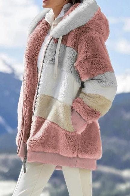 Women's colour-block hooded zip jacket with long sleeves and front pockets