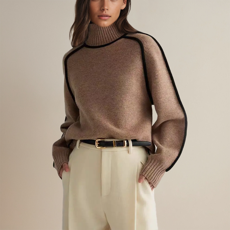 Women's mock neck jumper with contrast piping and long sleeves