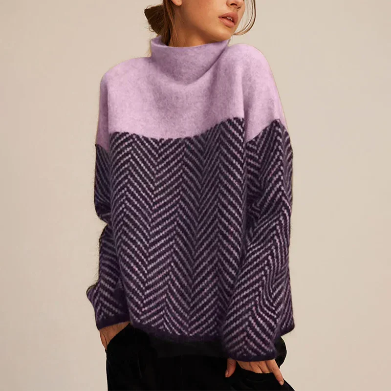 Women's funnel neck jumper with contrasting chevron pattern and long sleeves