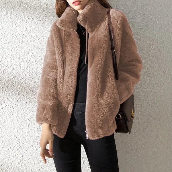 Women's textured fleece jacket with stand collar, zip front and long sleeves